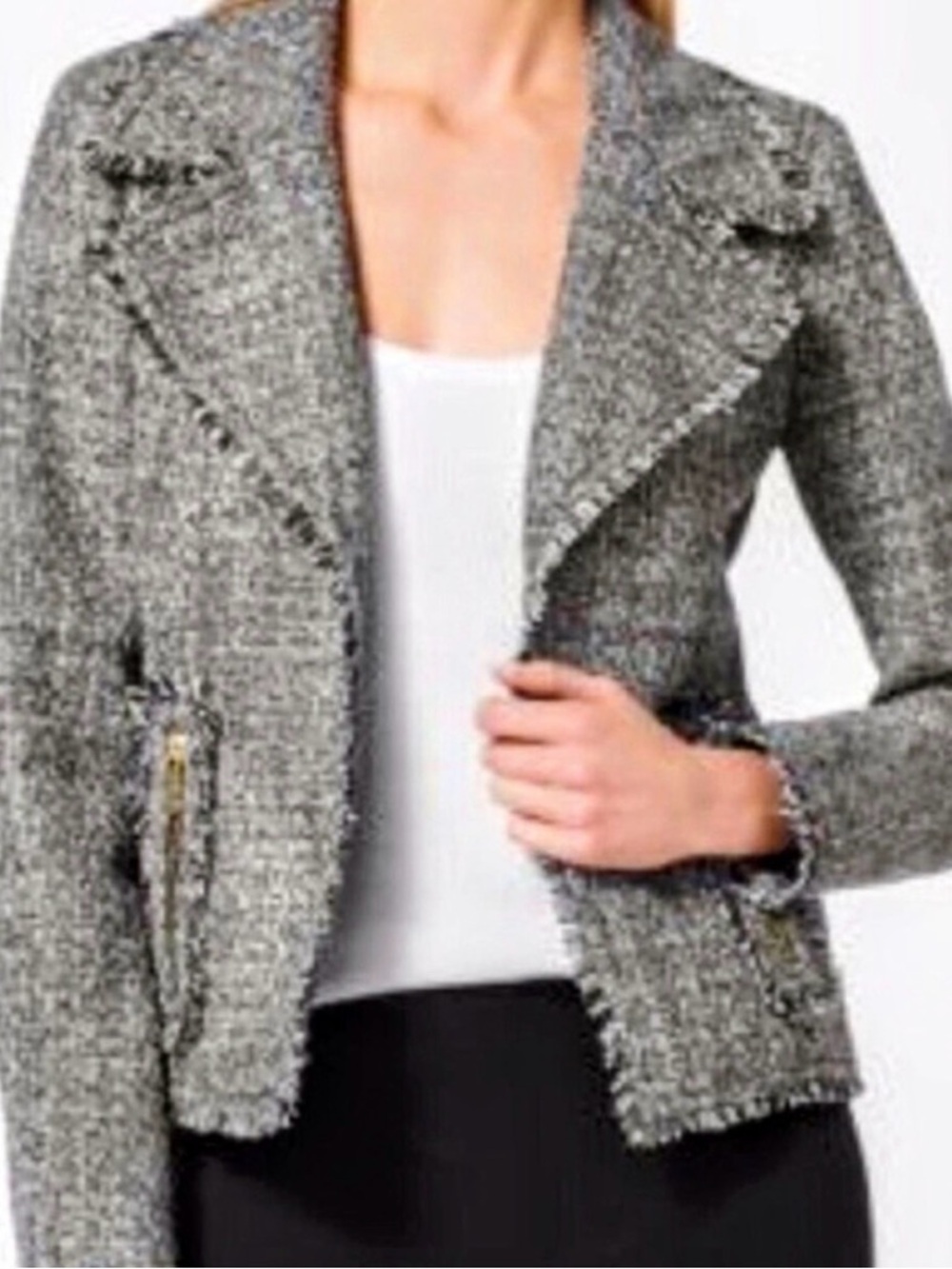 Michael Kors Black White Frayed Tweed Open-Front Blazer Jacket 2 NWOT